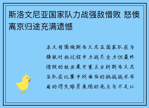 斯洛文尼亚国家队力战强敌惜败 怒懊离京归途充满遗憾